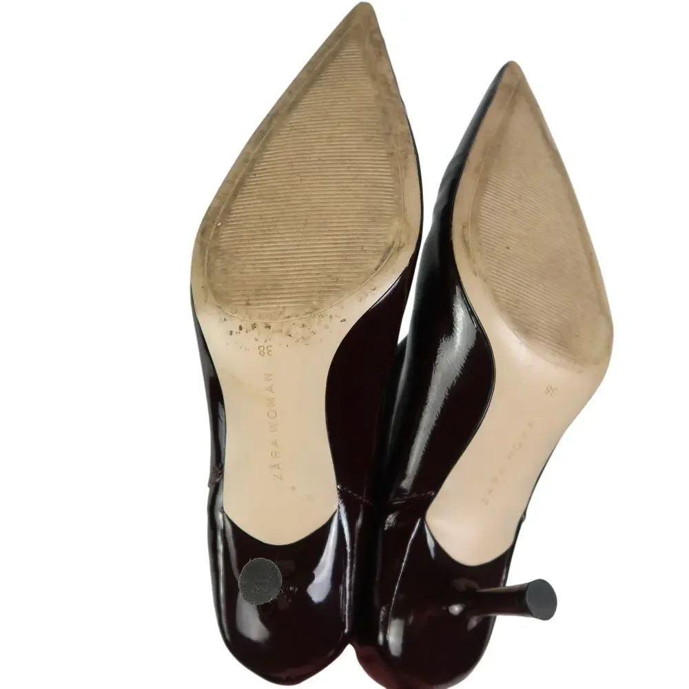 Zara Dark Burgundy Faux Patent Leather Kitten Heel Ankle Boots 38